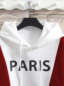 Men Letter Graphic Colorblock Drawstring Thermal Hoodie - Multicolor - View 5