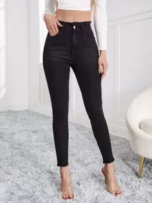 紙袋腰毛邊緊身牛仔褲 - 黑色 - 查看 1