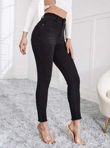 紙袋腰毛邊緊身牛仔褲 - 黑色 - 查看 4