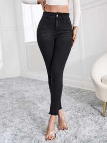 紙袋腰毛邊緊身牛仔褲 - 黑色 - 查看 5