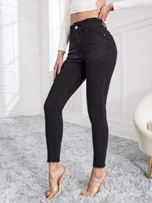 紙袋腰毛邊緊身牛仔褲 - 黑色 - 查看 6