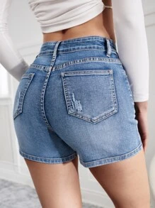 SHEIN Essnce High Waist Ripped Denim Shorts - Medium Wash - View 2