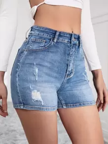 SHEIN Essnce High Waist Ripped Denim Shorts - Medium Wash - View 4