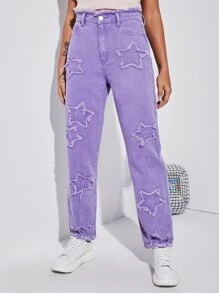 High Waist Star Patched Jeans - Lilac Purple - View 1