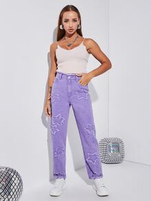 High Waist Star Patched Jeans - Lilac Purple - View 3