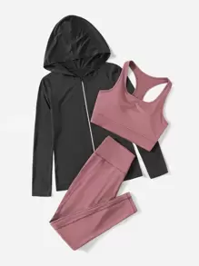 SHEIN Cheerettes Bộ đồ tập yoga 3 món thấm hút mồ hôi thoáng khí, quần bó bó & áo khoác trùm đầu, bộ đồ tập luyện cho nữ - Nhiều màu - Xem 3