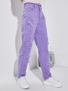 High Waist Star Patched Jeans - Lilac Purple - View 4