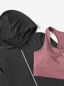 SHEIN Cheerettes Bộ đồ tập yoga 3 món thấm hút mồ hôi thoáng khí, quần bó bó & áo khoác trùm đầu, bộ đồ tập luyện cho nữ - Nhiều màu - Xem 4