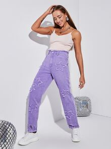 High Waist Star Patched Jeans - Lilac Purple - View 5