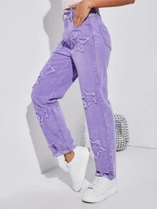 High Waist Star Patched Jeans - Lilac Purple - View 6