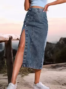 Button Front Longline Denim Skirt - Medium Wash - View 1