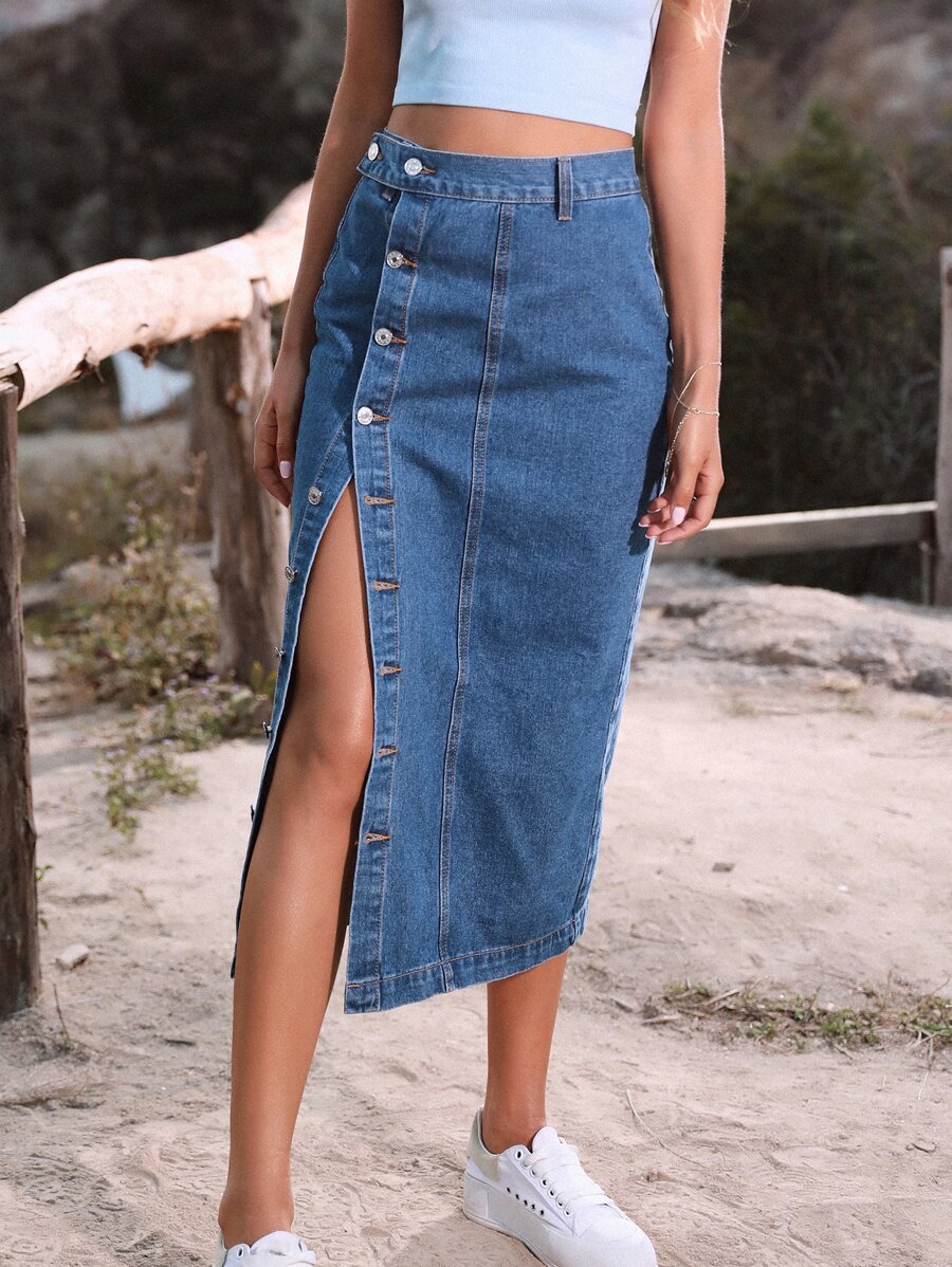 Women Denim Skirts Tombol Depan Plain - Medium Wash - View 1