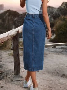 Women Denim Skirts Tombol Depan Plain - Medium Wash - View 2