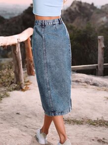 Button Front Longline Denim Skirt - Medium Wash - View 2