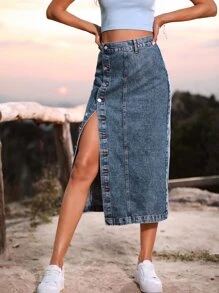 Button Front Longline Denim Skirt - Medium Wash - View 3