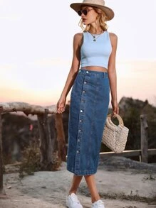 Women Denim Skirts Tombol Depan Plain - Medium Wash - View 3