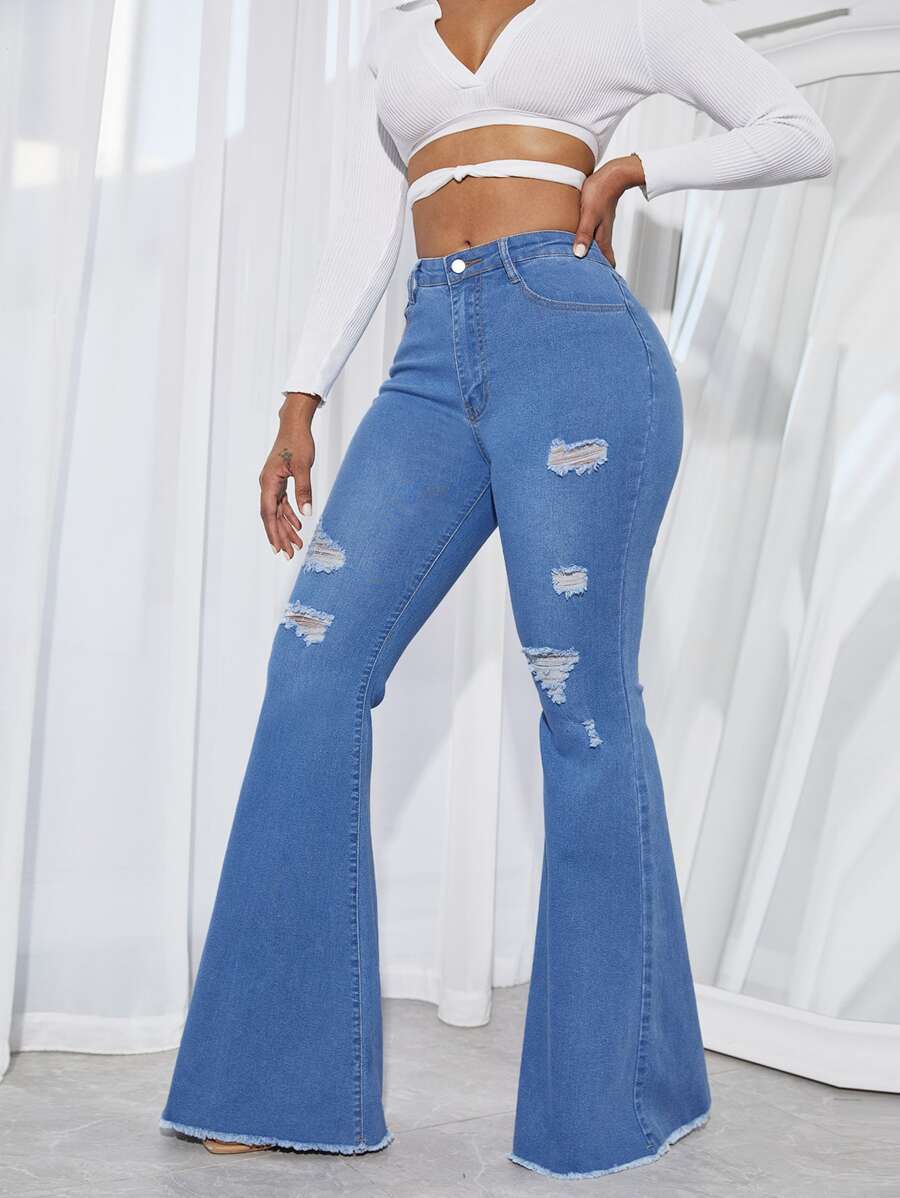 SHEIN SXY Quần jean nữ Nút Túi Bị tách Dây kéo màu trơn - Rửa trung bình - Xem 1