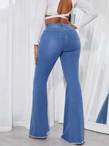 SHEIN SXY Quần jean nữ Nút Túi Bị tách Dây kéo màu trơn - Rửa trung bình - Xem 2