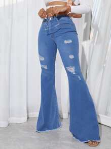 SHEIN SXY Quần jean nữ Nút Túi Bị tách Dây kéo màu trơn - Rửa trung bình - Xem 3