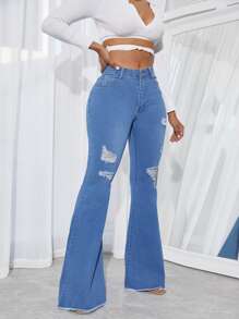 SHEIN SXY Quần jean nữ Nút Túi Bị tách Dây kéo màu trơn - Rửa trung bình - Xem 4