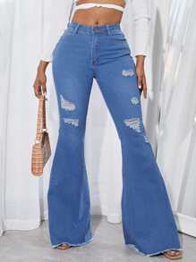 SHEIN SXY Quần jean nữ Nút Túi Bị tách Dây kéo màu trơn - Rửa trung bình - Xem 6