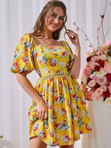 印花泡泡袖A字連衣裙 - 彩色 - 查看 1