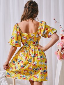 印花泡泡袖A字連衣裙 - 彩色 - 查看 2