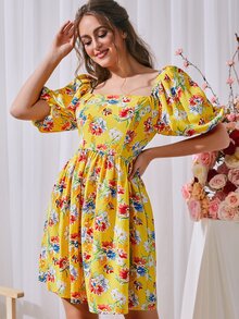 印花泡泡袖A字連衣裙 - 彩色 - 查看 3