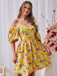 印花泡泡袖A字連衣裙 - 彩色 - 查看 4