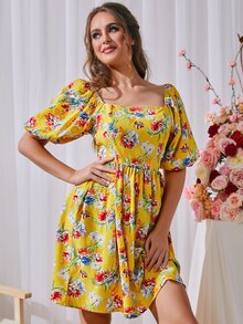 印花泡泡袖A字連衣裙 - 彩色 - 查看 5