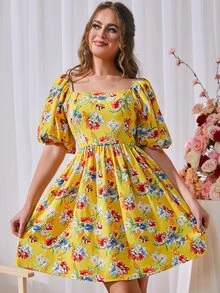 印花泡泡袖A字連衣裙 - 彩色 - 查看 6