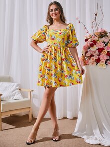 印花泡泡袖A字連衣裙 - 彩色 - 查看 7