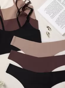 3sets No Show Plain Bra & Panty Lingerie Set - Multicolor - View 3