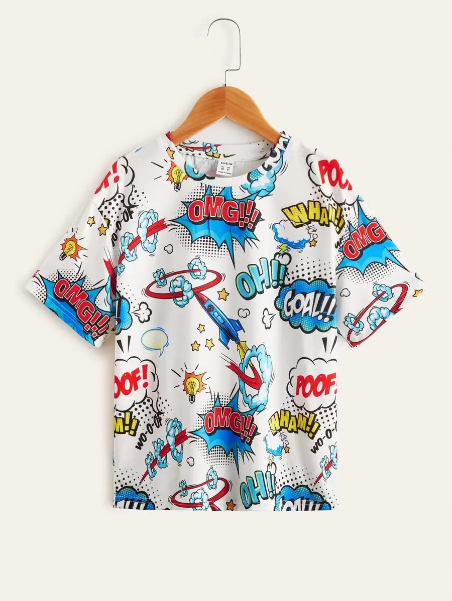 SHEIN Boys Cartoon & Letter Graphic Drop Shoulder Tee - Multicolor - View 1