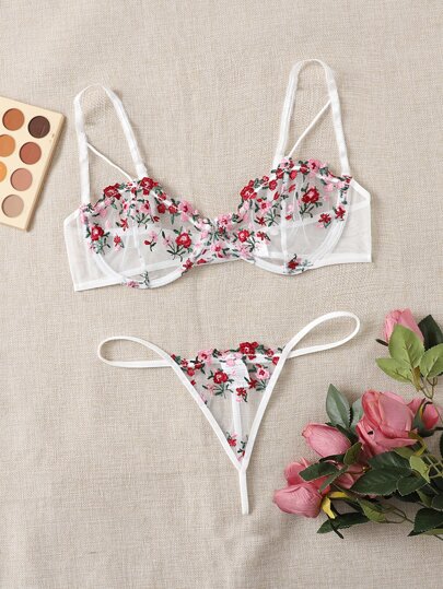 مجموعة دانتيل شفاف وحمّالة صدر بأسلاك وشريط للملابس الداخلية