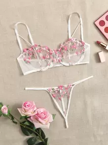 Floral Embroidery Mesh Underwire Bra & Panty Lingerie Set - Baby Pink - View 1