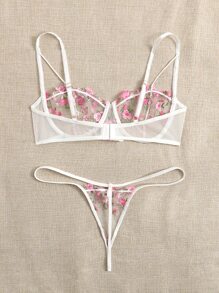 Floral Embroidery Mesh Underwire Bra & Panty Lingerie Set - Baby Pink - View 2