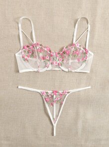 Floral Embroidery Mesh Underwire Bra & Panty Lingerie Set - Baby Pink - View 5