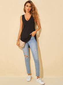 SHEIN Tall V-neck Curved Hem Tank Top - Black - View 5