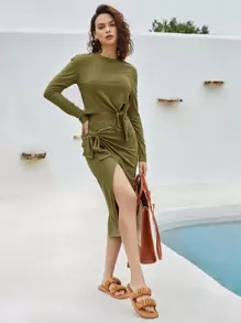 SHEIN VCAY Solid Knot Detail Top & Wrap Skirt Set - Olive Green - View 1