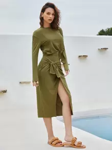 SHEIN VCAY Solid Knot Detail Top & Wrap Skirt Set - Olive Green - View 3