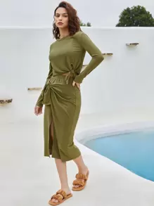 SHEIN VCAY Solid Knot Detail Top & Wrap Skirt Set - Olive Green - View 4