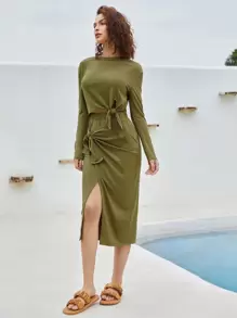 SHEIN VCAY Solid Knot Detail Top & Wrap Skirt Set - Olive Green - View 5