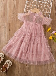 SHEIN Elladie kids 小女童多層下擺星星網紗連衣裙 - 藕粉色 - 查看 2