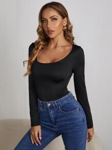 SHEIN Essnce Scoop Neck Solid Tee - Black - View 3