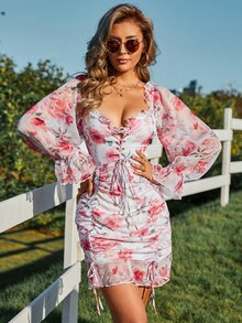 Eilly Bazar 印花鐘形袖繫帶打結緊身洋裝 - 彩色 - 查看 4