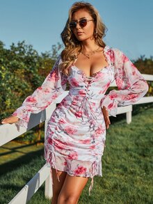 Eilly Bazar 印花鐘形袖繫帶打結緊身洋裝 - 彩色 - 查看 5