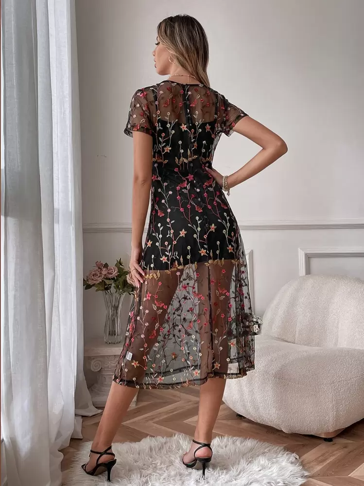 sachin and babi light blue dress Embroidery Floral Mesh Overlay Dress