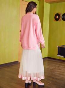 Seusyu 落肩袖下擺開叉長款套頭衫和織帶邊網紗裙子套裝