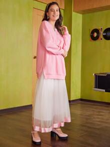 Seusyu 落肩袖下擺開叉長款套頭衫和織帶邊網紗裙子套裝